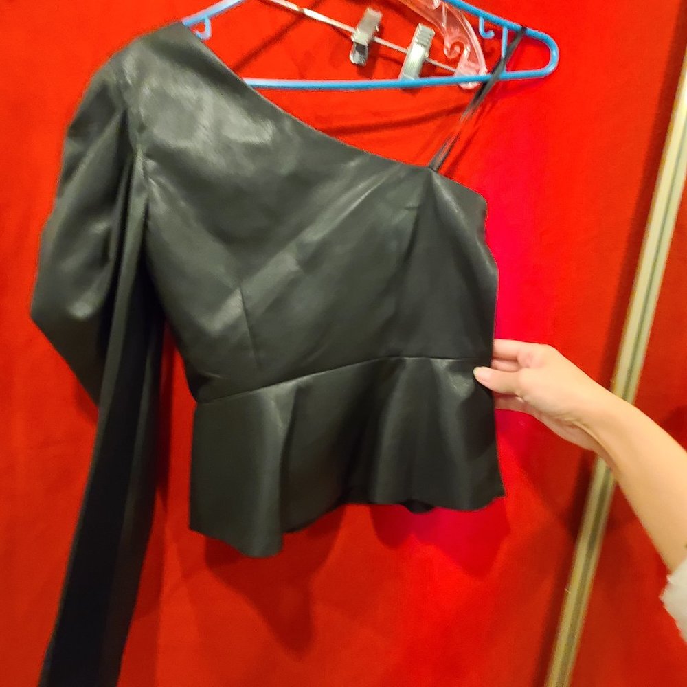 One shoulder faux leather top
